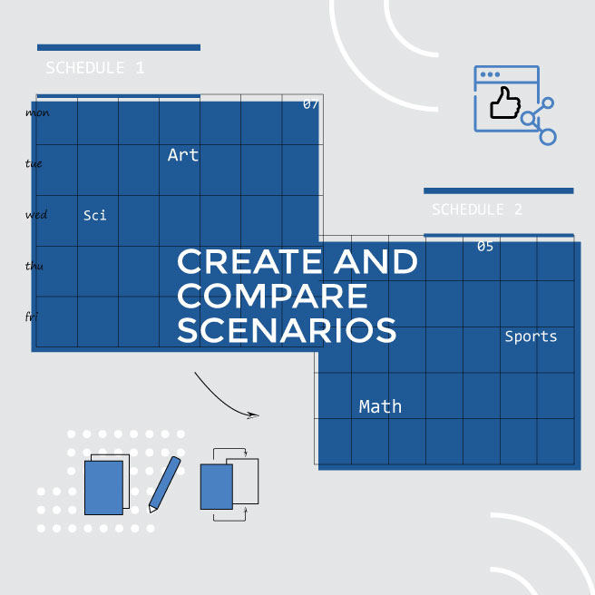 Collaborate and Compare Scenarios. If you are using ascTimetables, primetimetable, or edutimer you can easily see
why SchoolPivot is so much easier to use and powerful. SchoolPivot timetable app can handle most of your needs to
create timetables via an easy to use intuitive interface and workflow