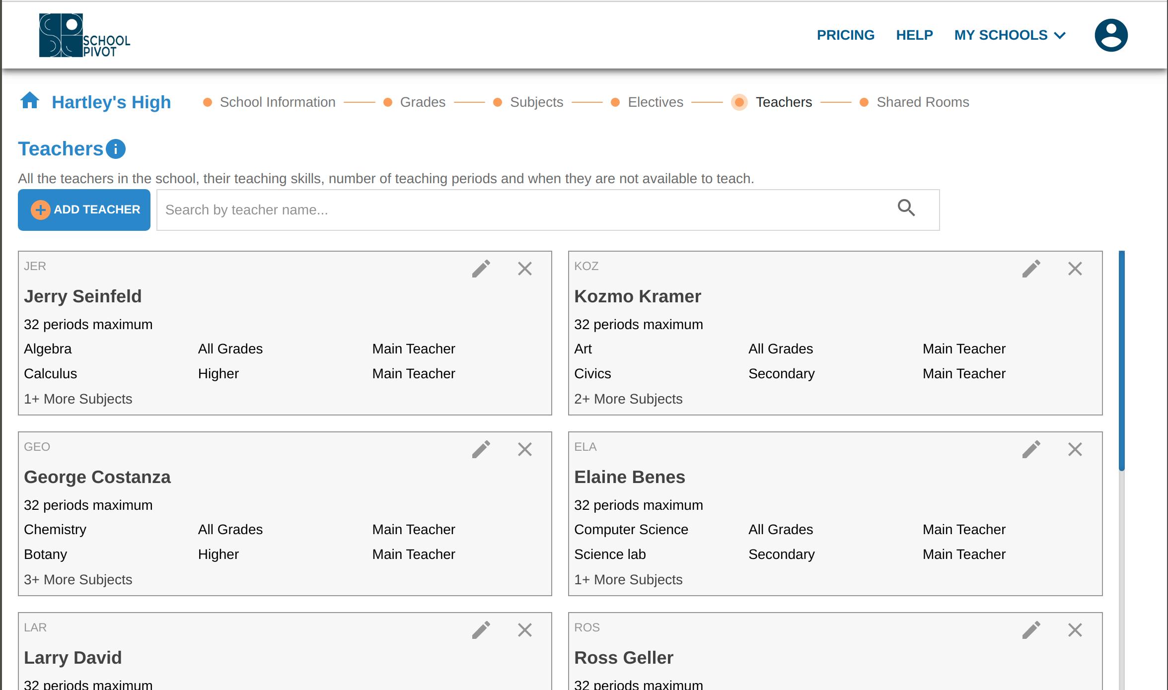 Start with basic data for teachers, grades, subjects, and shared rooms. It’s easy to add all the grades & groups (sections) in the school. Add subjects & electives (or activities) that are taught
Add Teachers and their skills (what subject, grades they can teach), preferred subjects, grades, working hours, TA for some activities, etc. Add shared lab & room in the school