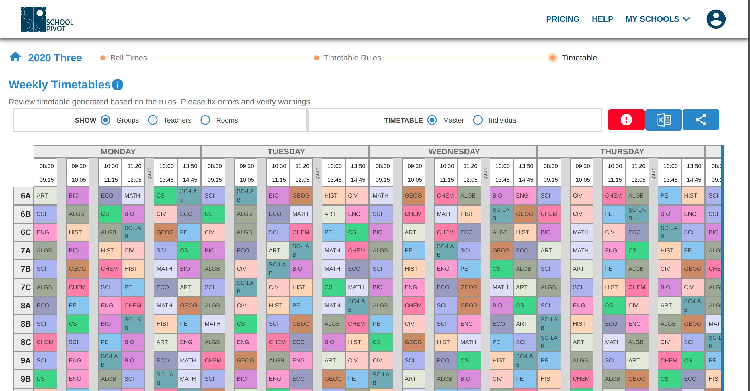 Review master timetable for teachers, groups (of students) and also shared rooms. Master timetable gives you a very easy to read and decide if you like the timetable. Also switch to an individual timetable for every teacher and student group. Export to Microsoft Excel if you want to customize before printing or share with anyone using a simple link. Share the link on your website or send emails.